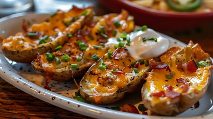 cheesy loaded potato skins with bacon on a plate, offering a mouthwatering appetizer perfect for gatherings or casual meals

