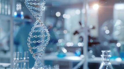 A striking DNA strand stands out clearly, surrounded by blurred laboratory equipment in a busy research setting. Generative AI