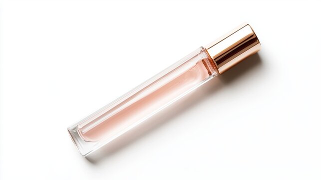Clear glass perfume roller bottle with a gold cap, filled with a light pink liquid, isolated on a white background