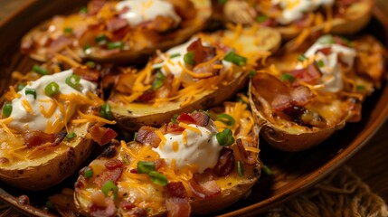 delicious plate of loaded potato skins with melted cheese and crispy bacon, perfect for satisfying cravings and sharing appetizers

