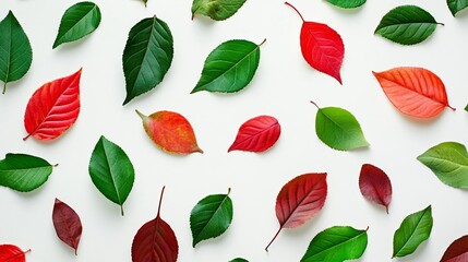 Red and green leaves on white.
