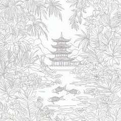 Fototapeta premium An oriental temple coloring page with a pagoda tower in zentangle style. A freehand sketch drawing for adult antistress coloring books.
