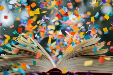The opening of a book surrounded by confetti symbolizes the joy of discovering new stories and knowledge. --ar 3:2 Job ID: beb1792f-bb10-4779-8993-8b560d9640ca