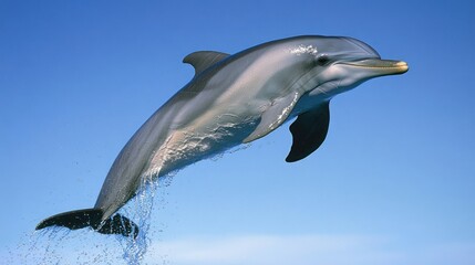 Naklejka premium A dolphin leaps out of the water with a splash, against a clear blue sky.
