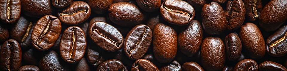 Fototapeta premium Closeup fresh roasted Arabian or aroma coffee beans background. Food pattern. Love organic coffee concept backdorp. Top view, flat lay with copy space for cafe advertising, package design