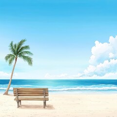 Obraz premium A serene beach scene featuring a wooden bench under a palm tree, with a clear blue sky and gentle ocean waves.