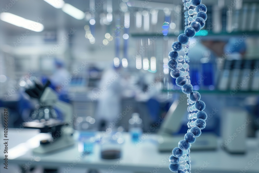 Poster a clear dna strand is highlighted while scientists conduct research in the background, focusing on g