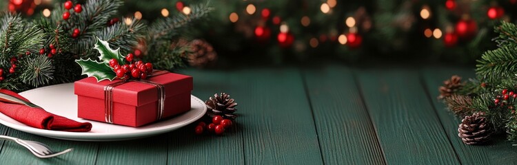 Christmas table setting with a red gift, festive decorations, and holiday cheer on a wooden surface