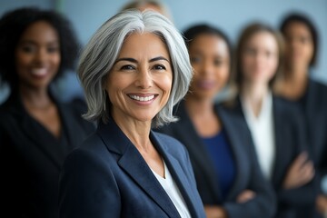 Group of diverse business women in an office, centered on an older woman with gray hair in a suit, all smiling, professional environment.