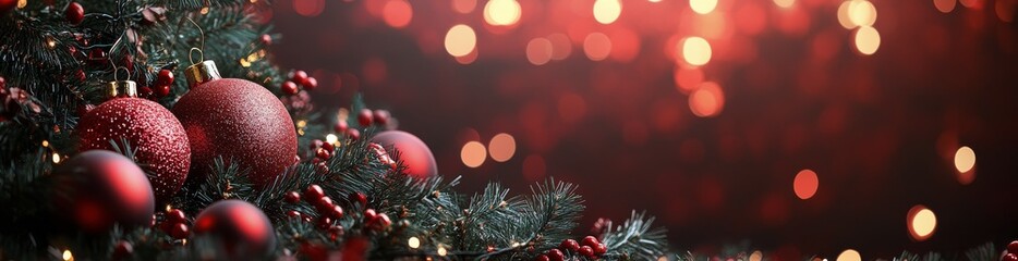 Obraz premium Festive holiday decorations with red ornaments and pinecones on a shimmering background