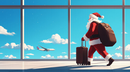 Santa walking through an airport with a suitcase, holding a boarding pass, clearly ready for a post-Christmas vacation