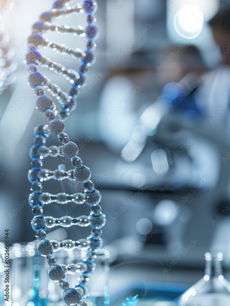 Poster the image showcases a detailed dna strand in a lab, with blurred figures of scientists engaged in re