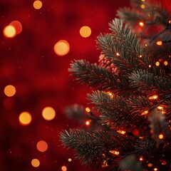 Festive Christmas lights framed by evergreen branches on a bold red background