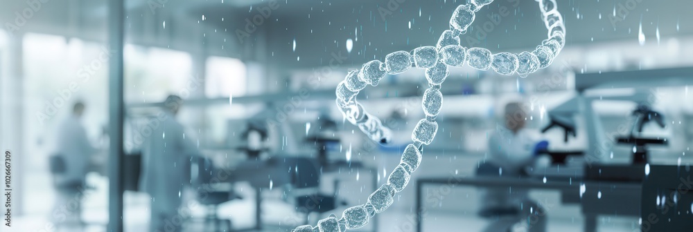 Poster A detailed DNA strand is prominently displayed while researchers work in a modern laboratory in the background. Generative AI