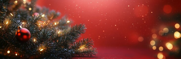 Festive Christmas tree adorned with lights and ornaments against a warm, red background