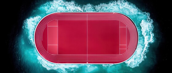Aerial view of a red running track surrounded by water waves, creating a striking contrast against the dark background.