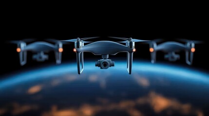 Aerial view of multiple drones hovering above Earth, showcasing advanced technology and innovation.