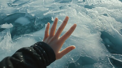 Hand Reaching Towards Frozen Lake Surface