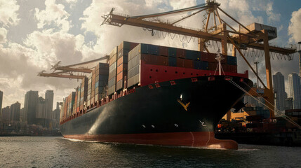 Naklejka premium Cargo ship navigating through the harbor with cranes in the background under a cloudy sky.