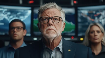 Business team focused on strategy in a control room with multiple screens displaying data and analytics.