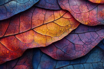 Fototapeta premium Close up of colorful autumn leaves showcasing vibrant hues and intricate textures