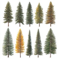 Obraz premium Collection of various evergreen and deciduous trees isolated on white background.