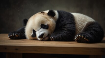 Fototapeta premium A cute baby panda cub lies on a wooden table, curled up in a sleepy pose, with its black and white fur and big, dark eyes.