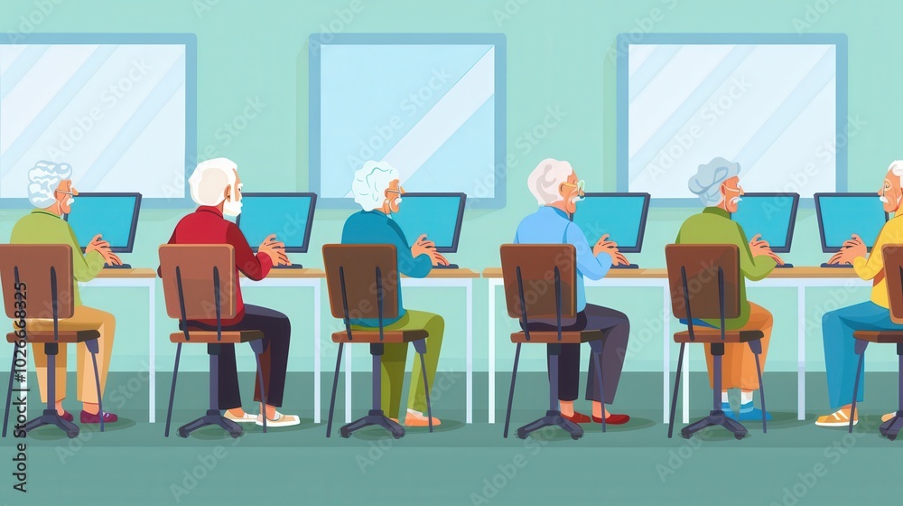 Fototapete a group of senior citizens actively participates in computer courses, using laptops and desktops to 