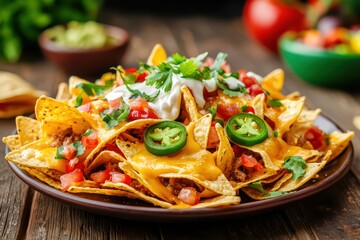 Delicious nachos topped with cheese, jalapenos, sour cream, and fresh tomatoes on a wooden table.