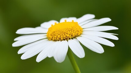 Fototapeta premium A single white daisy with a yellow center is in focus against a blurred green background.