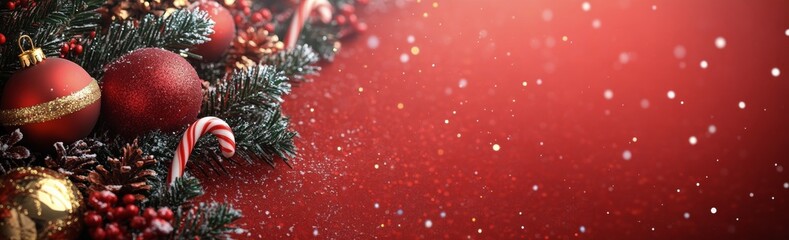 Festive holiday decorations with ornaments and candy canes on a red backdrop