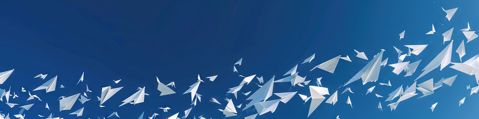 Against a deep blue sky, a flurry of white paper airplanes soar and then gently descend.