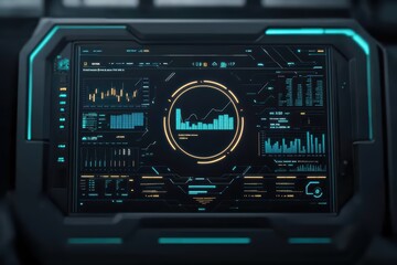 Futuristic data dashboard displaying various analytics and metrics on a sleek digital screen.