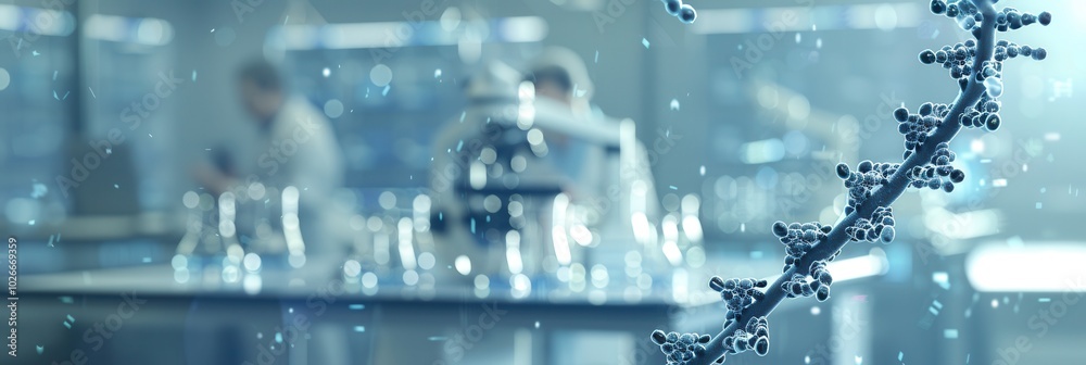 Leinwandbilder A prominent DNA strand is highlighted in a laboratory setting, with researchers working in the background, emphasizing scientific exploration. Generative AI