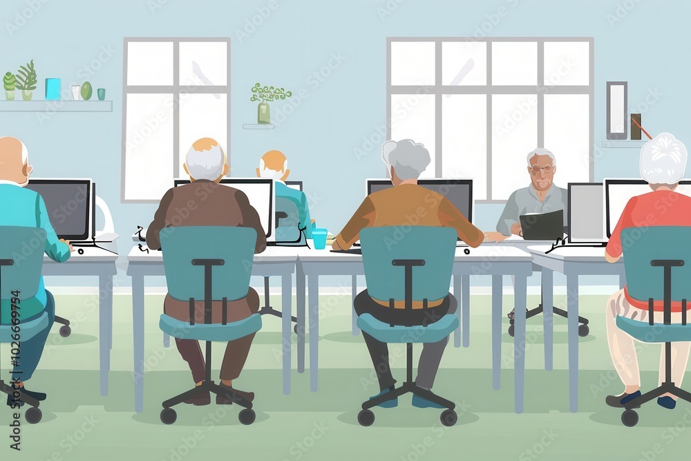 Aufkleber A group of elderly learners participates in computer courses, focusing on using laptops and desktop computers in a supportive environment. Generative AI