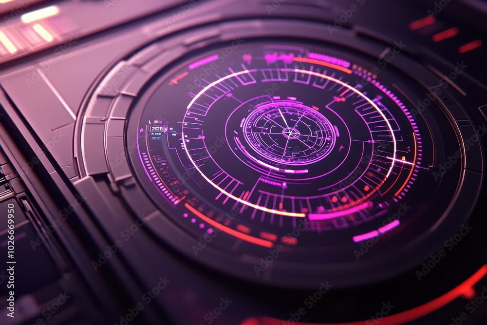 Wall mural futuristic user interface design with glowing elements, digital dashboard with vibrant colors on a d