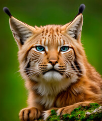 Obraz premium lynx with blue eyes, close-up on a green background