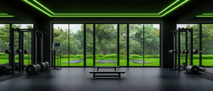 Modern gym interior with large windows, showcasing a view of green outdoor landscape and fitness equipment inside.