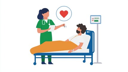 Nurse caring for patient, showing compassion and attention in a hospital setting, modern healthcare illustration.