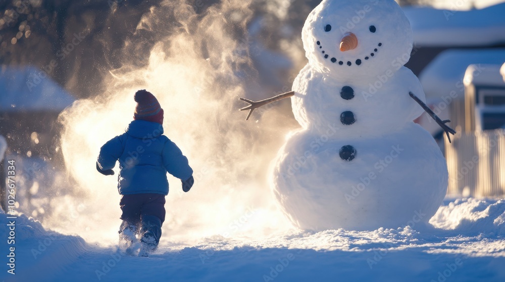 Canvas Prints a child running through a snow-covered yard toward a large snowman they just finished building with 