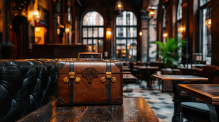 Stylish vintage suitcase on a wooden table in a cozy cafe with an elegant atmosphere.