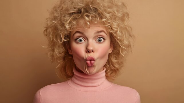 Blonde does facial exercises in pink.
