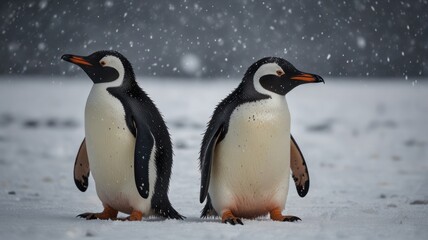 Fototapeta premium Two penguins standing in the snow, looking to the left. The snow is falling lightly.