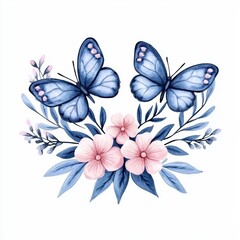 Obraz premium Two blue butterflies resting on pink flowers with delicate green leaves, all against a white isolated background.