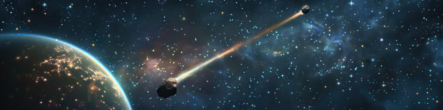 Starry Night Space Backdrop: A tiny asteroid hurtles through the cosmos, eventually colliding with a distant planet.