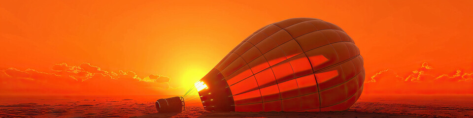 Obraz premium Vivid Orange Sunset: A hot air balloon deflates, its canvas collapsing in on itself as it gently touches the ground.