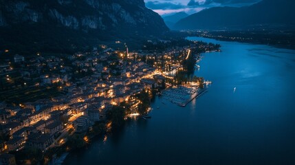 Fototapeta premium Aerial view of Riva del Garda, Northern Italy, at night