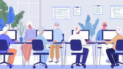 A group of older adults focuses on their devices, learning essential computer skills in a supportive classroom setting. Generative AI