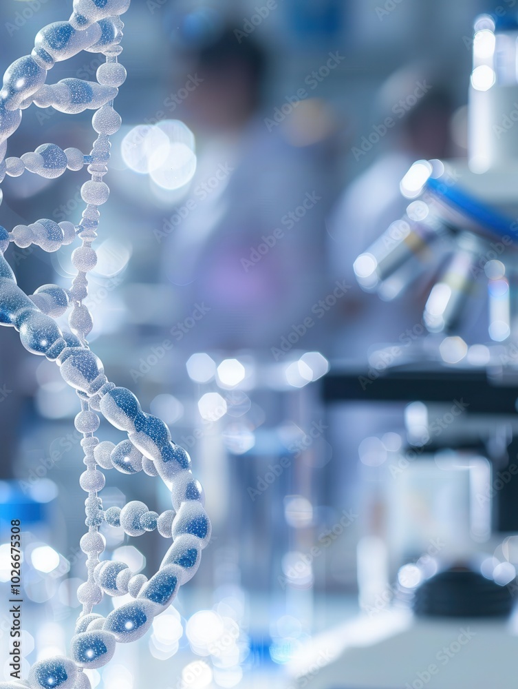 Fototapete a clear representation of a dna strand is in focus, with scientists working in a laboratory setting 