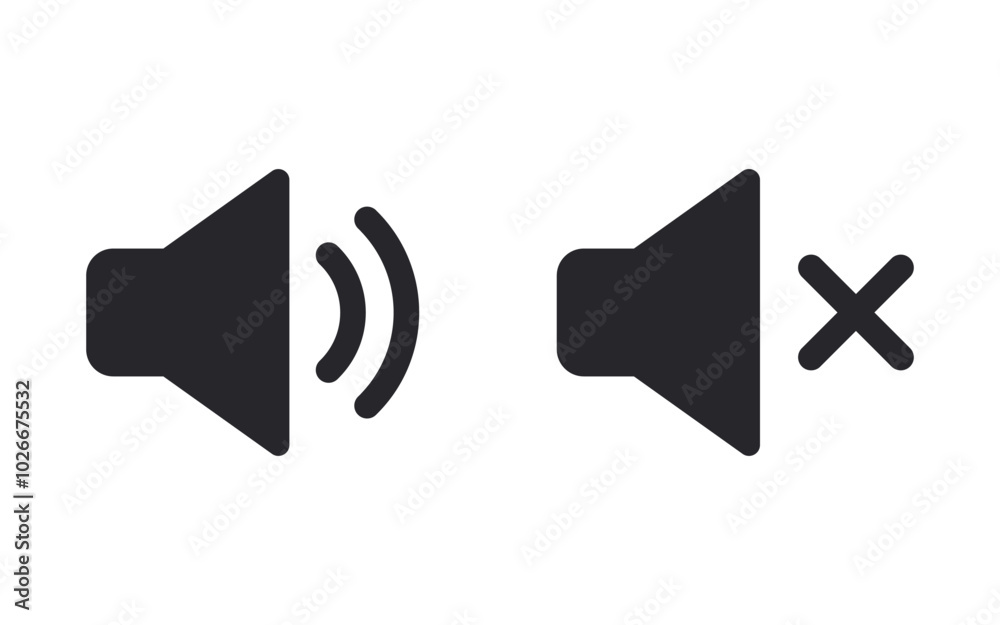 Fototapete Speaker and sound icon. Computer voice icon. Megaphone and music icon. Sound pictogram. Musical note. Audio sign. UI UX element. Sound button. Audio system, noise with soft UI, push button.